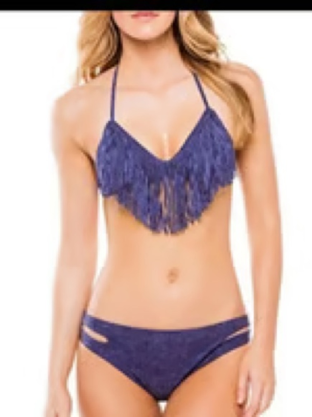 L*Space Audrey Fringe Halter Bikini Set in Navy Swimsuit S/L